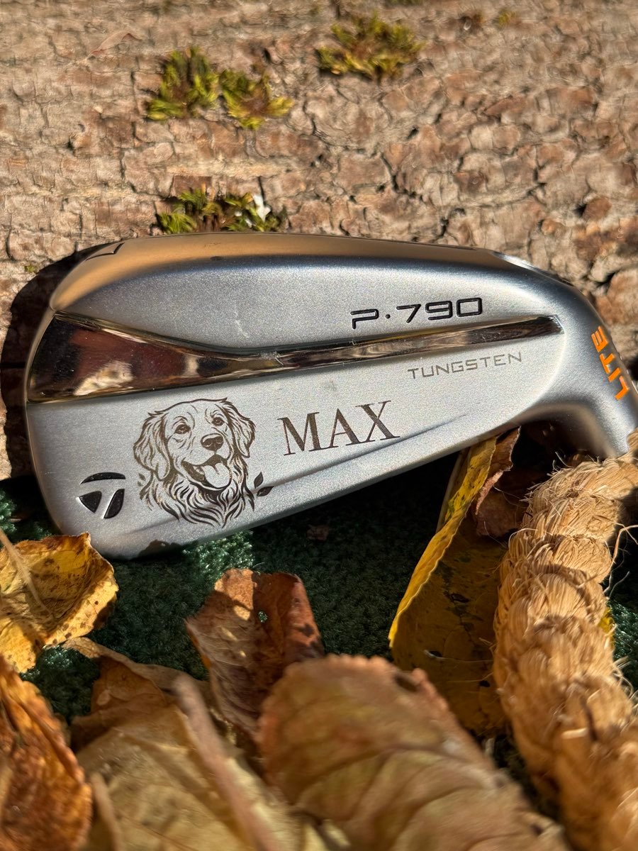 Koiran muotokuva ja nimi MAX kaiverrettuna TaylorMade P790 -rautaan