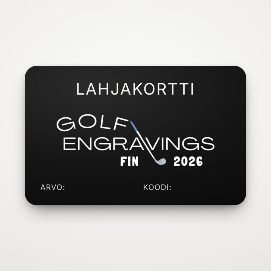Golfengravings lahjakortti, musta kortti ja Golfengravings-logo