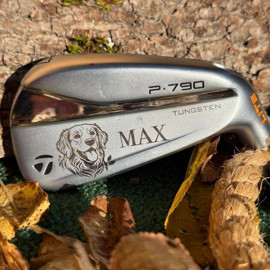 Koiran muotokuva ja nimi MAX laserkaiverrettuna TaylorMade P790 -rautaan